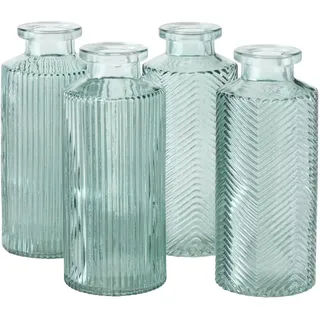 ReWu Blumenvase im 4er Set aus Glas in Flaschenform mit Relief Veredelung Dekovase für Ihren Wohnraum - Salbeigrün - 14 cm Höhe, 6 cm Durchmesser
