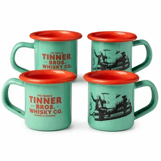 TINNER BROS. Mini Shot Becher aus Emaille – 4er Set – 65 ml Schnapsbecher & Espresso Cups – Retro Camping Tassen – Robuste Metallbecher für Whisky, Likör, Outdoor & Vanlife