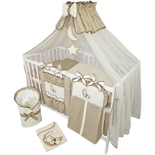 Bello24 - 16 Teiliges Babybett Kinderbett und Bettwäsche komplett Set Happy Leo inkl. Matratze höhenverstellbar für Neugeborene Babys und Kleinkinder aus Massivholz Teddybär Mond Dunkelbeige