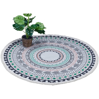 Relaxdays Teppich rund, Mandala-Design, Ø 120 cm, Baumwollteppich mit Fransen, rutschfest, Boho Wohnzimmerteppich, bunt
