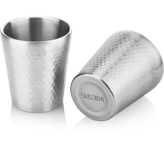 Hejo 2 Stück Edelstahlbecher, 300ml Stapelbar Metallbecher Ohne Henkel, Doppelwandig Isoliert Hammermuster Camping Tassen, Bruchsicher Outdoor Trinkbecher für Bier, Saft, Wasser (Silber)