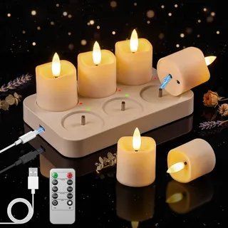 Ketom 6 Stück LED Teelichter mit Timer, LED Teelichter Wiederaufladbar | Aufladbar Flammenlose LED Teelichter mit Fernbedienung und Ladestation, Dimmbar, Warmweiß, für Party Home Weihnachten Deko