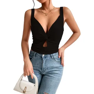 ZKZFCAI Damen Tank Top Ärmelloses Sommer Crop Top Cut Out T-Shirt Rückenfreies Oberteil Schwarz M - M