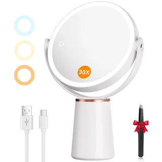 Auxmir Kosmetikspiegel mit Beleuchtung 30X/1X Vergrößerung, Schminkspiegel 3 Lichtfarben USB Aufladbar, Vergrößerungsspiegel mit Licht Touch Dimmbar, Tischspiegel 360° Drehbar für Makeup, Hautpflege
