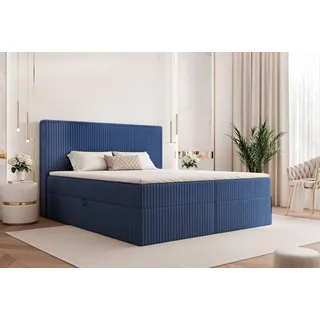 Goldstoff Boxspringbett Modernes Komfortbett "NORDIC DREAM" mit Stauraum & stilvollem Kopfteil (120–200x200 cm, Seitenhöhe: 54 cm), Komfortables Stauraumbett mit Bonellfederkern & Komforthöhe blau