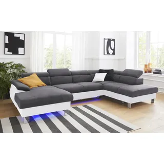 Wohnlandschaft COTTA "Komaris U-Form, B: 320 cm", weiß (weiß, stone), B:320cm, Microfaser PRIMABELLE (100% Polyester);Kunstleder SOFTLUX;Feinstruktur (100% Polyester);Kunstleder SOFTLUX/Struktur (100% Polyester);NaturLEDER, Sofas, Wohnlandschaft, mit Kopfteilverstellung, optional Schlaffunktion, Bettkasten & Licht