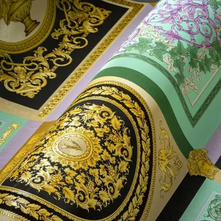 A.S. Création VERSACE WALLPAPER Barock Luxus Tapete Floral 387041 Mintgrün Lila Schwarz Gold Logo Medusa 10,05x0,70m Made in Germany