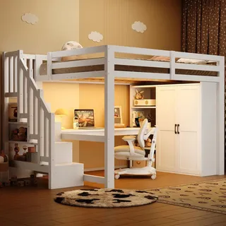 Merax Etagenbett 140x200cm, Hochbett mit Schreibtisch, Regal, Kleiderschrank, Stauraumtreppe, USB, LED, Stockbett Holz, Kinderbett, Weiß - Weiß