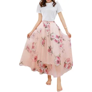 Camilife Damen-Strandrock aus Chiffon mit Blumenmuster, Maxirock, langer Rock, bedruckter Chiffonrock, weich, glatt, dünn, cool für den Sommer, Rocklänge 80 cm / 90 cm, mehrfarbig, groß - 34-40