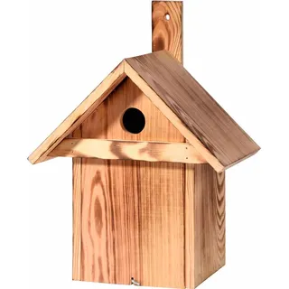 dobar® 13075e Nistkasten Spitzdach Ø 32 mm - Nisthöhle für Wildvögel - Nistkasten Massivholz - Nisthilfe mit Schilfdach Vogelhaus für Höhlenbrüter - 23,5 x 17,5 x 33 cm - Geflammt