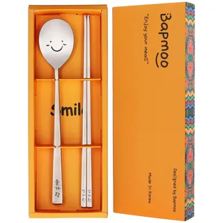BAPMOO Koreanisches Essstäbchen und Löffel-Set, wiederverwendbar, langer Griff, Metall, Edelstahl, gut als Geschenk, Happy Face & Hangul-Figuren, graviert, Silber