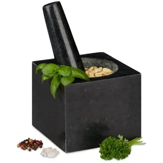 Relaxdays Eckiger Granit Mörser mit Stößel 9,5 x 11 x 11 cm 250 ml Grau Schwarz