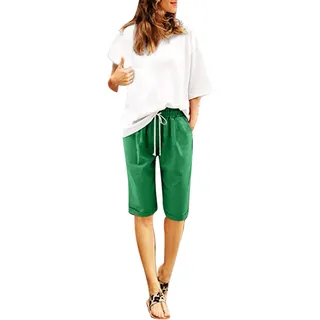 Leinenshorts Damen Boho Knielang mit Tunnelzug Kurze Hose Leinen Bermuda Shorts Sommershorts High Waist Sommer Lose Radlerhose Große Größen Damen-Shorts Sport Biker Strand Yoga Shorts Leinenhose
