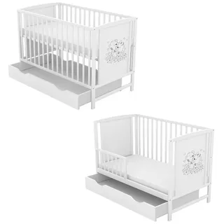 Baby-Delux Babybett Mia Bettkasten Schutzgitter, Kinderbett 60x120 weiß Schublade Barriere Kiefer Teddy Motiv Matratze weiß