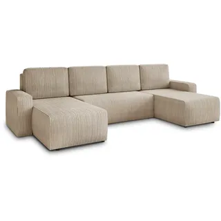 Sofnet Wohnlandschaft mit Schlaffunktion Roma - U-Form Couch, Schlafsofa mit Bettkasten, Couchgranitur mit Bettfunktion, Big Sofa, Cord Stoff (Beige Textil, 7-Sitzer, U-Form,Rechteckig, 305x90x150 cm, Wohnzimmer, Sofas Couches, Wohnlandschaften,