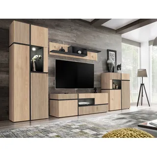 ASM-Moebel Wohnwand Wohnwand CROSS Hochglanz / Lamellen Fronten Led Beleuchtung Push-Click beige