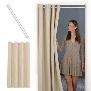 tinycurtains, Türvorhang mit Teleskopstange, einfache Montage in nur 1 Minute ohne Bohren (Türgardine beige H195 x B150 cm + Stange weiß B70-120 cm)