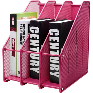 EXERZ Zeitschriftensammler/Gitter Metall Dreifach Schreibtisch Ordner Halter - 3 Unterteilungen Dokumente A4 / Aufbewahrung Ordner/Schnellhefter/Organisator/Stehsammler Buchstütze (Rosa)