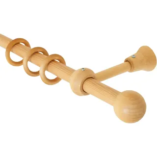 iso-design Holz Gardinenstange Farbe Eiche hell 20 mm Durchmesser Wandmontage und Deckenmontage möglich Gardinenstange mit Gardinenringen, Endstück Kugel, 120 cm