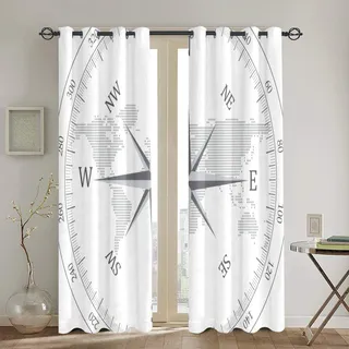 MAYUES Vorhang Blickdicht,Kompass Illustration Weltkarte Maritime Seaman Life Equipment Monochrom,Wärmeisolierend Gardine 2er Set 130cmX180cm