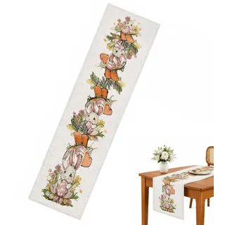 Ostern Tischläufer, Fröhlicher Ostern Dekoration mit Hase, Blumen und Ostereiern, 183x33 cm, Wiederverwendbar, Ideal für Esstische, Sofa, TV-Ständer, Festliche Dekoration für Ostern