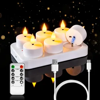 Homemory LED 6er Teelichter Wiederaufladbar mit Fernbedienung Ladestation | Aufladbare LED Teelicht Kerzen Flackernd,Timer,3 Std. Ladezeit, bis zu 60 Std. Leuchtdauer,Party Halloween Weihnachten Deko