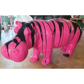 Casa Padrino XXL Deko Skulptur Nilpferd Pink / Schwarz 175 cm - Lebensgroße Garten Deko Figur