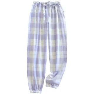 Damen Freizeithose Lang Schlafanzughose mit Taschen und Kordelzug Fitness Stretch Drawstring Hosen Karierte Schlafhose weich Pyjamahose Weites Bein Hose trandhose Lange gerade Hose Haushose (Blue, L)