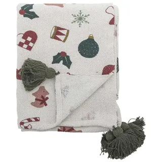 Wohndecke Bloomingville Decke YULE Natur Weihnachtsmotiv Quasten Grün 160x130 cm, Bloomingville