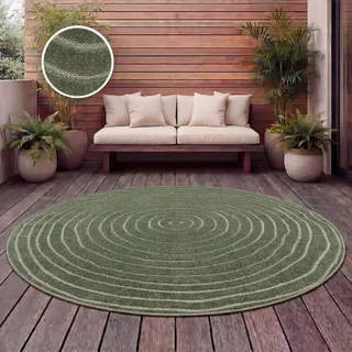Paco Home Teppich Outdoor Wetterfest, Moderne abstrakte Boho Designs mit 3D Struktur, Pflegeleicht, ideal für Terrasse Wohnzimmer & Küche, Grösse:160 cm Rund, Farbe:Grün 5
