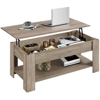 Yaheetech Couchtisch Höhenverstellbarer Kaffeetisch mit Verstecktem Stauraum und Ablage, Ausziehbarer Wohnzimmertisch Sofatisch für Wohnzimmer grau 120 cm x 49 cm x 59 cm