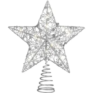 STOBOK Weihnachtsbaumspitzen Stern, 30cm Weihnachtsbaum Topper Stern, Beleuchtet Baumkronen Ornament LED Licht Glitter Aushöhlampe für Weihnachten Party Ornament Dekorationen Silber