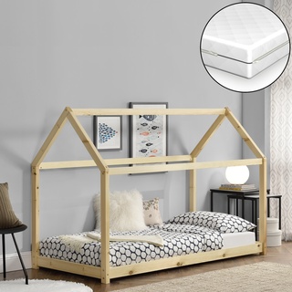 [en.casa] Kinderbett Netstal 80x160 cm mit Kaltschaummatratze Holz Natur