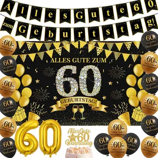 60 Geburtstag Deko Set für Männer Schwarz Gold – Luftballons 60 Geburtstag Mann mit Hintergrund & Tortendeko – Geburtstagsdeko Mann zum 60. Geburtstag (60 years)