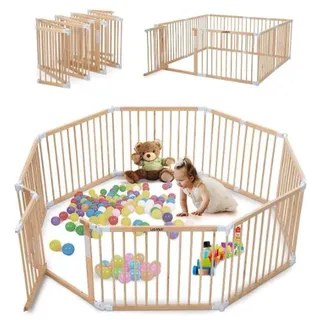 Laufgitter Baby faltbar aus Holz 152 x 152 cm – Baby Laufstall mit Tür, 8 Paneelen und Saugnäpfen, stabiler Spielbereich für Babys