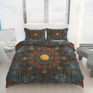 Boho Mandala Bettwäsche 135x200 Vintage Ethnische Blumenmuster Druck Bettbezug + 1 Kissenbezüge 80x80 2 Teilig Bettwäsche-Sets mit Reißverschluss, Weich Bügelfrei Mikrofaser Bettdeckenbezug K6d62