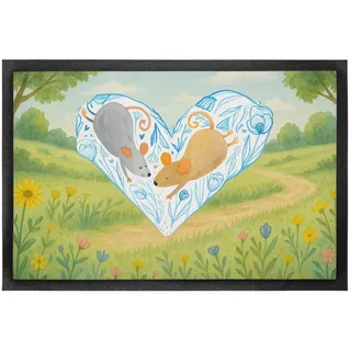 Mr. & Mrs. Panda Fußmatte Mäuse Herz Design, Fußmatte 60 x 90 cm, Weiß, Hochzeit, Pärchen, Gumm, rechteckig, Höhe: 60 mm, Abtreter Türvorleger Outdoor-Matte weiß Ø 90 cm x 90 cm x 60 cm x 60 mm