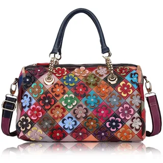 Karoukee Frauen Bunte Handtasche, Echtes Leder Medium Tote Tasche mit Blumen, Patchwork Umhängetasche, Stilvolle Henkeltasche für Damen - L