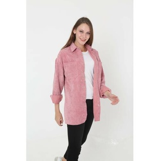 Damen Cord Hemd Freizeit-Hemd Oversize Bluse Langarmhemden Style Cordhemd aus Baumwolle Hemdjacke L Rose