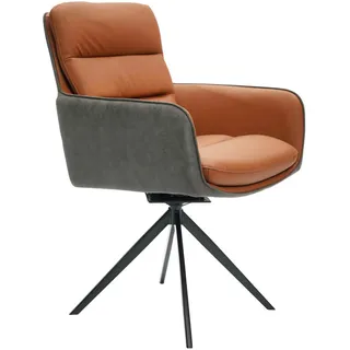 Novel Armlehnstuhl, Anthrazit, Cognac, Metall, Textil, Leder, Echtleder, Büffelleder, Drehkreuz, 58x89x67 cm, Sitzfläche 180° drehbar, inklusive Armlehnen, automatische Rückholfunktion, Esszimmer, Stühle, Esszimmerstühle, Armlehnenstühle