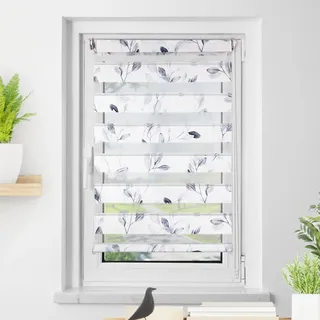 Deswell Doppelrollo Klemmfix ohne Bohren Weiß-blätter B40 x H130 cm (Stoffbreite 36cm) Doppelrollo mit Muster, Duo Rollos für Fenster ohne Bohren Rollos mit Motiv, Seitenzugrollo Lichtdurchlässig