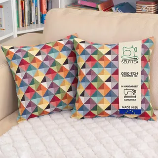 Selfitex 2er Set 40x40 Bunte Sofakissen inkl. Füllkissen, Luxus Sofakissen, farbenfrohes Couchkissen Set, hochwertiger Couchkissen Muster Bezug mit Reißverschluss, Bunte Kissen Deko (Pyramid)