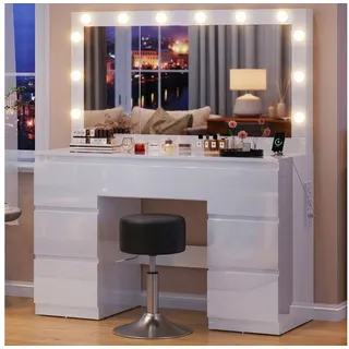 HOMALL Schminktisch mit großem Spiegel, 120 cm, 7 Schubladen, Schmuckschrank (XXL-Spiegel 106×51 cm (30×51 aufklappbar m. Schmuckschrank) · 120 cm · 7 Schubladen · LED-Birne · 2 Steckdosen+USB/Type-C · E1-MDF · 2 Farben · Hocker opt) 120 cm