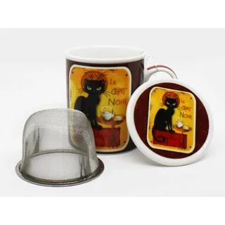KABITEC Teetasse Schwarze Katze, Porzellan, 3-teilig mit Edelstahlsieb, 0,25 l │ Dethlefsen & Balk Kräuterteetasse Le Chat Noir Cha Cult Fine Porcelain