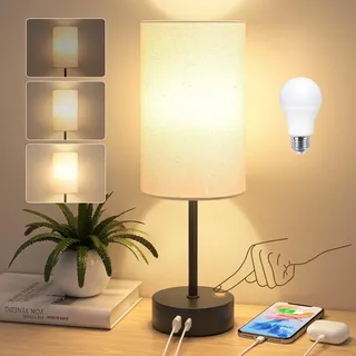 STANBOW Nachttischlampe Touch Dimmbar, Tischlampe mit USB A+C Ladefunktion | Kleine Lampe mit Kabel, Moderne Beige Leinen-Lampenschirm für Schlafzimmer, Wohnzimmer, Schlafsaal, Heimbüro, Birne Inklusive