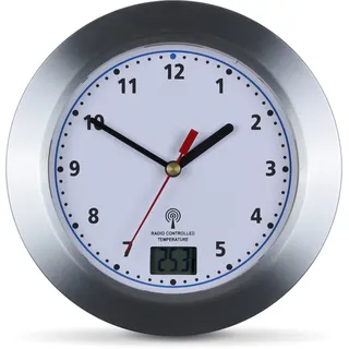 Eurotime Funkwanduhr, 17 cm, Kunststoffgehäuse mit breitem Aluminium-Rahmen gebürstet, Echtglas, klares 12-Zahlen Zifferblatt mit LCD-Temperaturanzeige, Schwarze Zeiger, rote Sekunde, 56181