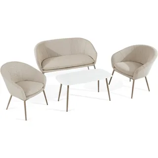 KONSIMO® Gartenlounge-Set SOLIS Gartenmöbelset, Garten-Essgruppe, hergestellt in der EU, (1x Tisch, 2x Sessel, 1x Sofa 2-Sitzer, 4-tlg), Stahlrahmen, wasserabweisender Stoff, Modern, beige Gestell beige|weiß