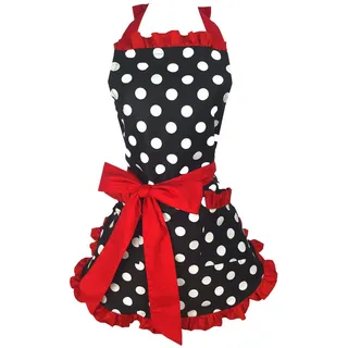 Küchenschürzen Verstellbare Baumwoll-Leinen-Kochschürze mit Bowknot Kitchen Home Hausarbeit für Frauen Lätzchen-Schürzen Wasserölfleckenresistent Vintage Polka Dot Princess-Kleid Free-Size