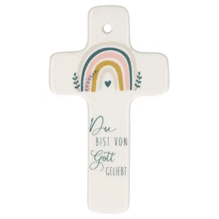 Butzon & Bercker Kinderkreuz Porzellan - Wandkreuz Taufe & Geburt | Wei%es 11 cm Kreuz mit Regenbogen, Spruch Du bist von Gott geliebt und Geschenkverpackung f%cr die Erstkommunion