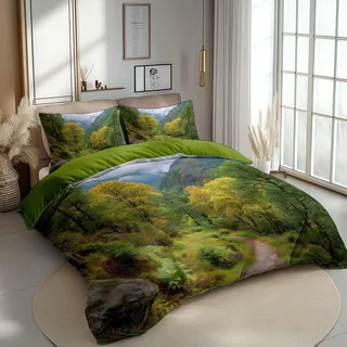 Bettwäsche Natur Berglandschaft Wald 135 x 200 cm Wald Grüne Bäume Weiche Mikrofaser Bettbezug mit Reißverschluss & Kissenbezug, Atmungsaktiv Hautfreundlich, Modernes Panorama-Design für Schlafzimmer